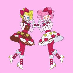  2girls blonde_hair blue_eyes blunt_bangs boots bow brown_dress cone_hair_bun double_bun dress full_body gloves hair_bow hair_bun hands_up heart heart_hands heart_print high_heel_boots high_heels highres idol_clothes in-franchise_crossover kiracchu_(pri_chan) kiratto_pri_chan knee_boots looking_at_viewer minami_mirei multiple_girls nyaasechan one_eye_closed open_mouth orange_eyes pantyhose pink_background pink_hair pretty_series pripara red_bow red_pantyhose short_hair simple_background smile standing star-shaped_pupils star_(symbol) symbol-shaped_pupils white_dress white_footwear white_gloves 