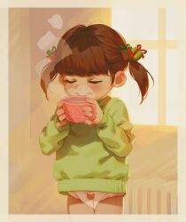  1girl alkemanubis blush brown_hair christmas_present cowboy_shot cup gift green_sweater highres holding holding_cup hot_drink indoors loli mug original panties radiator short_hair short_twintails smile solo steaming_food sweater twintails underwear white_panties 