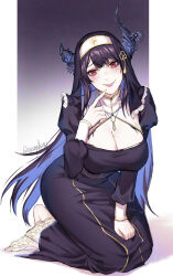  1girl absurdres alternate_costume black_dress black_hair blue_hair breasts cleavage colored_inner_hair crissydissy demon_horns dress grin habit highres hololive hololive_english horns index_finger_raised kneeling large_breasts looking_at_viewer mole mole_under_eye multicolored_hair nerissa_ravencroft nun red_eyes smile solo two-tone_hair virtual_youtuber  rating:Sensitive score:5 user:danbooru