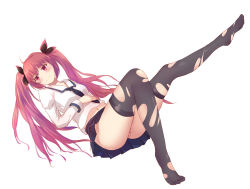 10s 1girl ahoge ass bad_id bad_pixiv_id black_necktie black_thighhighs blouse blue_skirt blush closed_mouth date_a_live floating_hair full_body hair_ornament highres itsuka_kotori leg_up long_hair long_sleeves miniskirt navel necktie no_shoes panties pantyshot pleated_skirt red_eyes red_hair school_uniform serafuku shirt simple_background skirt smile solo stomach striped_clothes striped_panties thighhighs torn_clothes torn_thighhighs twintails underwear very_long_hair white_background white_shirt wujia_xiaozi rating:Sensitive score:26 user:danbooru