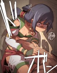  1boy 1girl against_wall breasts constricted_pupils detached_sleeves fingerless_gloves gloves green_gloves hair_tubes highres hip_vent low_twintails nns_(sobchan) punching ryona short_twintails shorts small_breasts solo_focus soul_calibur stomach_punch strapless sweat talim tearing_up tube_top twintails vomit vomiting white_shorts wide-eyed 