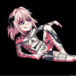  astolfo_(fate) blush bruise fate_(series) highres injury licking_lips looking_up nipples penis pink_hair precum purple_eyes ribbon shota tattoo tongue tongue_out trap youngperv  rating:Explicit score:16 user:YoungPerv2
