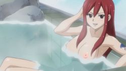  1girl arm_tattoo arm_up bath bathing blush breasts brown_eyes cleavage collarbone erza_scarlet facing_viewer fairy_tail female_focus hand_in_own_hair hand_up happy in_water large_breasts legs_together long_hair looking_at_viewer nipples nude nude_filter open_mouth partially_submerged red_hair rock screencap sitting sky smile solo source_request tattoo teeth third-party_edit tongue water water_drop wet wet_hair  rating:Questionable score:55 user:nakornthum