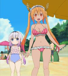  10s age_difference beach bikini breasts highres kanna_kamui kobayashi-san_chi_no_maidragon pink_bikini swimsuit tohru_(maidragon)  rating:Questionable score:56 user:Lycanroc
