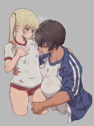 2girls age_difference blonde_hair blue_eyes breast_sucking breast_sucking_through_clothes breasts brown_hair closed_eyes dark-skinned_female dark_skin female_focus gym_uniform hands_on_another&#039;s_thighs height_difference highres kei_(m_k) large_breasts loli long_hair long_sleeves m_k multiple_girls onee-loli original ponytail rika_(m_k) short_hair simple_background size_difference standing sweat tall tall_female tan tomboy wife_and_wife yuri
