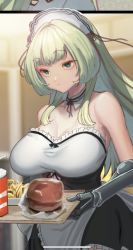  1girl apron bad_id bad_twitter_id bare_shoulders breasts burger cup detached_collar disposable_cup dress food green_eyes green_hair highres holding holding_tray large_breasts long_hair maid maid_headdress mechanical_arms ookami_ryousuke original sidelocks single_mechanical_arm strapless strapless_dress tray waist_apron 