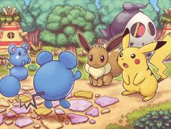  absurdres azurill creatures_(company) duskull eevee game_freak gen_1_pokemon gen_2_pokemon gen_3_pokemon grass highres marill nintendo no_humans official_art open_mouth outdoors path pikachu pokemon pokemon_(creature) pokemon_mystery_dungeon pokemon_mystery_dungeon:_explorers_of_time/darkness/sky road teepee tree 