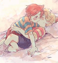  2boys bad_id bad_twitter_id bed_sheet blonde_hair blue_eyes blurry blurry_background blush boy_on_top brothers brown_shorts child_on_child claus_(mother_3) closed_eyes commentary denim denim_shorts french_kiss highres hug incest kiss lucas_(mother_3) male_focus mother_(game) mother_2 multiple_boys nintendo o_isore pillow shirt short_hair shorts siblings socks striped_clothes striped_shirt symbol-only_commentary yaoi  rating:Sensitive score:84 user:danbooru