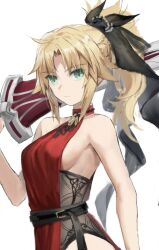  1girl bare_shoulders belt blonde_hair braid breasts clarent_(fate) dress fate/apocrypha fate_(series) french_braid green_eyes hair_ribbon highres long_hair looking_at_viewer mordred_(fate) mordred_(fate/apocrypha) parted_bangs ponytail red_dress ribbon sideboob sidelocks small_breasts solo sword tonee weapon  rating:Sensitive score:13 user:danbooru