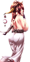  1girl antenna_hair ass bandaged_arm bandages bare_shoulders black_gloves breasts brown_hair crescent danua draph dress fingerless_gloves gloves granblue_fantasy hair_between_eyes highres horn_ornament horns huge_breasts large_breasts long_hair looking_at_viewer pointy_ears red_eyes simple_background tokyo_(great_akuta) white_background white_dress 
