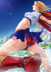  1girl animification ass babydoll_t-shirt bad_id bad_pixiv_id blonde_hair blue_eyes boots breasts cape clothes_lift cloud crop_top day dc_comics female_focus flying foreshortening gloves hairband himegami_shino kryptonian legs lens_flare long_hair midriff miniskirt motion_blur open_mouth panties pantyshot raykon red_footwear red_panties shirt shoes skirt skirt_lift sky solo supergirl superman_(series) t-shirt underwear upskirt white_gloves 