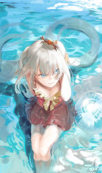  1girl animal animal_on_head arm_support ball beachball blue_eyes breasts cleavage crab crab_on_head dress fate_(series) feet_out_of_frame frilled_dress frills from_above grey_hair long_hair marie_antoinette_(fate) mizutame_tori on_head partially_submerged red_dress signature sitting solo starfish_hair_ornament twintails very_long_hair water 