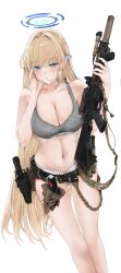  1girl absurdres blonde_hair blue_archive blue_eyes blue_hair blue_halo blush braid brand_name_imitation breasts calvin_klein cleavage closed_mouth collarbone feet_out_of_frame fte_(fifteen_199) grey_panties grey_sports_bra gun halo highres holding holding_gun holding_weapon large_breasts long_hair multicolored_hair navel panties revision simple_background solo sports_bra streaked_hair toki_(blue_archive) underwear weapon white_background 