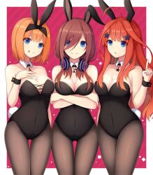 3girls :q animal_ears black_leotard blue_eyes border breasts brown_hair brown_pantyhose cleavage commentary_request crossed_arms detached_collar fake_animal_ears fake_tail go-toubun_no_hanayome gradient_background hair_ornament headphones headphones_around_neck highleg highleg_leotard highres large_breasts leotard long_hair_between_eyes looking_at_viewer lucky_keai multiple_girls nakano_itsuki nakano_miku nakano_yotsuba orange_hair outside_border pantyhose pink_background playboy_bunny rabbit_ears rabbit_tail red_background red_hair siblings simple_background sisters smile star_(symbol) star_hair_ornament strapless strapless_leotard tail thigh_gap tongue tongue_out twins white_border wing_collar 