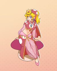  1girl absurdres arabian_clothes arm_support blue_eyes breasts feet guichibo highres legs mario_(series) medium_breasts nintendo parted_lips pink_lips ponytail princess_peach shoes sitting smile solo thighs veil 