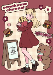  1girl animal_ears bear_ears bendy_straw black_bow blonde_hair blush_stickers bobby_socks bow brown_dress brown_eyes brown_footwear burger commentary_request copyright_request cup disposable_cup dress drinking_straw english_text food french_fries highres holding holding_cup loafers long_sleeves looking_at_viewer menu_board neki_(wakiko) open_mouth plaid plaid_background puffy_long_sleeves puffy_sleeves shoes sleeves_past_wrists socks solo stuffed_animal stuffed_toy teddy_bear white_socks 