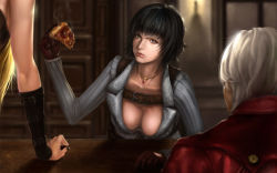  1boy 2girls breasts capcom cleavage dante_(devil_may_cry) devil_may_cry_(series) food highres lady_(devil_may_cry) multiple_girls trish_(devil_may_cry)  rating:Questionable score:30 user:typicalspoofaccount