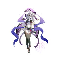  1girl :d absurdres barefoot breasts collar colored_skin cuffs demon_girl demon_horns full_body half-closed_eyes halo highres horns looking_at_viewer medium_breasts mesugaki open_mouth original osisio shackles smile solo teeth thighhighs upper_teeth_only white_background white_hair white_skin yellow_eyes 