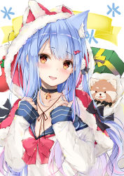  1girl absurdres animal animal_ear_fluff animal_ears animal_hood bell black_choker black_sailor_collar blue_hair blush bow box breasts brown_eyes capelet choker cleavage commentary_request fake_animal_ears fur-trimmed_capelet fur-trimmed_hood fur_trim gift gift_box hair_ornament hairclip hands_up heart heart_hair_ornament highres hood hood_up hooded_capelet jingle_bell long_hair long_sleeves looking_at_viewer multicolored_hair neck_bell pink_hair plivyou raccoon red_bow red_capelet sack sailor_collar school_uniform serafuku shikai_yue shirt sleeves_past_wrists small_breasts solo streaked_hair upper_body virtual_youtuber white_background white_shirt yagami_shuuichi 