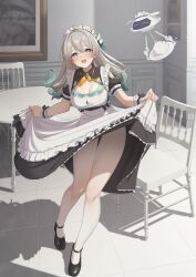  1girl alternate_costume apron black_dress black_footwear blush breasts cleavage_cutout clothing_cutout colored_tips dress enmaided firefly_(honkai:_star_rail) frilled_apron frills full_body grey_hair highres honkai:_star_rail honkai_(series) large_breasts looking_at_viewer lordly_trashcan_(honkai:_star_rail) maid maid_apron maid_headdress meda multicolored_hair neckerchief open_mouth pantyhose puffy_short_sleeves puffy_sleeves purple_eyes robot shadow short_sleeves shoulder_cutout skirt_hold solo table white_apron white_pantyhose wrist_cuffs yellow_neckerchief  rating:Sensitive score:11 user:danbooru