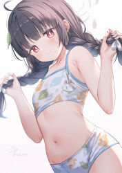  1girl ahoge artist_name bikini black_hair blue_archive blush braid breasts closed_mouth collarbone commentary_request cowboy_shot dutch_angle female_focus grey_halo halo highres holding holding_hair leaf leaf_on_head leaf_print loli long_hair looking_at_viewer lulinco miyu_(blue_archive) miyu_(swimsuit)_(blue_archive) navel official_alternate_costume print_bikini red_eyes simple_background small_breasts smile solo stomach swimsuit twin_braids twitter_username white_background white_bikini  rating:Sensitive score:75 user:danbooru