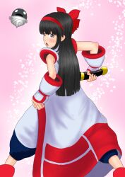  1girl ainu_clothes ass black_hair clenched_hand fingerless_gloves gloves grey_eyes hair_ribbon highres legs long_hair looking_at_viewer looking_back nakoruru open_mouth pants ribbon samurai_spirits snk solo the_king_of_fighters thighs weapon 