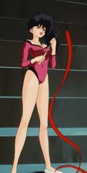  1990s_(style) 1girl bare_legs black_hair blue_eyes breasts cleavage full_body holding holding_weapon kunou_kodachi leotard long_hair open_mouth ponytail ranma_1/2 retro_artstyle ribbon screencap side_ponytail solo third-party_edit weapon wide_hips 