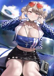  1girl :3 absurdres bag black_choker black_skirt blue_car blue_eyes blue_jacket blue_nails blue_tube_top blurry blurry_background breasts brown_hair car choker cleavage closed_mouth commentary_request confetti cropped_jacket day double_bun eyewear_on_head facial_mark ford_mustang fuyuyama_asako hair_bun half-closed_eyes heart heart-shaped_eyewear heart_facial_mark highres jacket jewelry kuse_(0201) large_breasts long_sleeves looking_at_viewer midriff mole mole_on_stomach mole_on_thigh motor_vehicle nail_polish navel necklace on_vehicle original outdoors panties pantyshot race_queen red-tinted_eyewear shiny_clothes shoulder_bag sitting skirt smile solo strapless sunglasses thighs tinted_eyewear tube_top underwear very_long_fingernails white_panties 