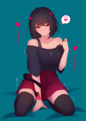 1girl black_shirt black_thighhighs blouse blush breasts demon_girl demon_horns demon_tail halo heart heart-shaped_pupils highres horns looking_at_viewer original red_eyes seiza shimmer shirt shirt_tucked_in simple_background sitting solo speech_bubble symbol-shaped_pupils tail thighhighs trembling rating:Questionable score:14 user:danbooru