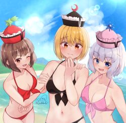 3girls :d ;d alternate_costume arm_hug beach bikini black_bikini black_hat blonde_hair blue_eyes blue_sky blush breasts cleavage closed_mouth collarbone commentary_request cowboy_shot crescent crescent_hat_ornament day fingernails frilled_hat frills grey_hair hair_between_eyes hand_on_another&#039;s_shoulder hand_on_own_chin hand_up hat hat_ornament highres lens_flare looking_at_viewer lunasa_prismriver lyrica_prismriver medium_breasts merlin_prismriver multiple_girls navel ocean one_eye_closed open_mouth orange_eyes outdoors paid_reward_available partial_commentary pink_bikini pink_hat red_bikini red_hat rital short_hair siblings signature sisters sky smile split_mouth standing star_(symbol) sunlight swimsuit touhou water  rating:Sensitive score:7 user:danbooru