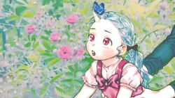  1girl black_bow blue_butterfly blue_hair boku_no_hero_academia bow braid bug butterfly butterfly_on_horn dress eraser_head_(boku_no_hero_academia) eri_(boku_no_hero_academia) flower horns insect long_hair open_mouth oru_2ji outdoors pink_bow pink_dress pink_flower pink_shirt red_eyes shirt short_sleeves single_horn solo_focus 