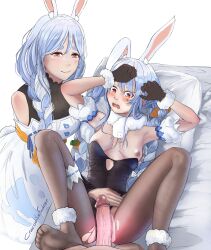  1boy 2girls absurdres animal_ear_fluff animal_ears artist_name black_bodysuit black_leotard black_pantyhose blue_hair bodysuit bodysuit_under_clothes braid braided_ponytail breasts carrot_hair_ornament commentary detached_sleeves don-chan_(usada_pekora) dress embarrassed english_commentary ffm_threesome food-themed_hair_ornament fuckodilec fur-trimmed_gloves fur_trim gloves group_sex hair_between_eyes hair_ornament hand_on_another&#039;s_stomach hetero highres hololive imminent_penetration large_breasts leotard long_hair lying mature_female mother_and_daughter multicolored_hair multiple_girls nipples on_back one_breast_out oyakodon_(sex) pantyhose pekomama penis rabbit_ears rabbit_girl rabbit_tail red_eyes short_eyebrows small_breasts tail thick_eyebrows threesome torn_clothes torn_pantyhose twin_braids two-tone_hair uncensored usada_pekora virtual_youtuber white_dress white_hair white_sleeves 