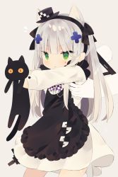:&lt; aged_down animal animal_ears apron assault_rifle black_cat cat cat_ears cat_girl commentary_request dress girls&#039;_frontline green_eyes gun gun_on_back hair_ornament hairband hat highres hk416_(black_kitty&#039;s_gift)_(girls&#039;_frontline) hk416_(girls&#039;_frontline) holding holding_animal holding_cat kemonomimi_mode lifting_person long_sleeves mimo_lm mini_hat official_alternate_costume rifle silver_hair triangle_mouth weapon weapon_on_back white_dress yellow_eyes rating:Sensitive score:10 user:danbooru