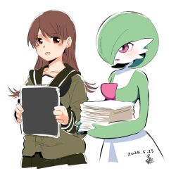  2girls artist_name blush blush_stickers bob_cut brown_hair collarbone colored_skin creatures_(company) crossover dated eye_contact female_focus flat_chest game_freak gardevoir gen_3_pokemon green_hair green_sailor_collar green_shirt green_skin green_skirt hair_over_one_eye hands_up happy holding holding_paper kantai_collection long_hair long_sleeves looking_at_another mochisaka_mitsuki multicolored_skin multiple_girls nintendo one_eye_covered ooi_(kancolle) open_mouth paper paper_stack pleated_skirt pokemon pokemon_(creature) red_eyes sailor_collar school_uniform serafuku shirt short_hair signature simple_background skirt smile standing two-tone_skin upper_body white_background white_skin 