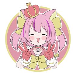  1girl :3 ^_^ akichi_360 animal_ears bell blush border bow bowtie cat_ears cat_girl choker closed_eyes collarbone cropped_torso crown double_v facing_viewer frilled_wrist_cuffs frills gloves hair_ribbon hands_up highres kemomimi_oukoku_kokuei_housou mini_crown neck_bell nekomasu-chan open_mouth outside_border pink_background pink_choker pink_hair pink_sailor_collar red_gloves ribbon round_image sailor_collar short_sleeves smile solo tilted_headwear twintails upper_body v virtual_youtuber white_border wrist_cuffs yellow_bow yellow_bowtie yellow_ribbon 