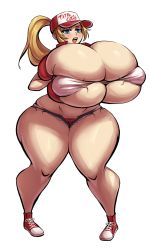 1girl blonde_hair blue_eyes blush breast_expansion breasts bursting_breasts cleavage fatal_fury full_body genderswap gigantic_breasts highres hip_focus midriff navel shorts snk_heroines:_tag_team_frenzy solo terry_bogard the_king_of_fighters thick_thighs thighs undersized_clothes wide_hips rating:Questionable score:49 user:Perv-Ultra