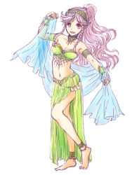 1girl :d alternate_costume ankle_cuffs anklet bad_feet bare_shoulders barefoot belly_chain braid breasts cleavage collarbone artistic_error fire_emblem fire_emblem_awakening hairband jewelry long_hair lots_of_jewelry midori_(rimaru) midriff navel nintendo olivia_(fire_emblem) open_mouth pink_eyes pink_hair ponytail rimaru side_braid smile solo twin_braids very_long_hair