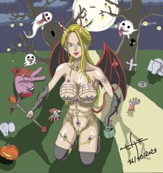  1girl absurdres black_maria_(one_piece) blue_eyes boots breasts breasts_apart breasts_out demon_girl devil dress ghost halloween highres horns hot lat monster monster_girl one_piece straight_hair strapless thigh_boots thighhighs yellow_dress  rating:Sensitive score:12 user:LAT