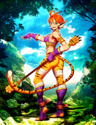  1girl animal_ears ass bottomless breath breath_of_fire breath_of_fire_ii capcom cat_girl day facial_mark feet fingerless_gloves fingernails full_body genzoman gloves grass green_eyes looking_at_viewer looking_to_the_side nature no_shoes open_mouth orange_hair outdoors pointy_ears red_hair rinpoo_chuan sharp_fingernails short_hair signature sky slit_pupils smile solo staff standing tail tiger_stripes tiger_tail toeless_legwear toes tree weapon whisker_markings  rating:Sensitive score:56 user:danbooru