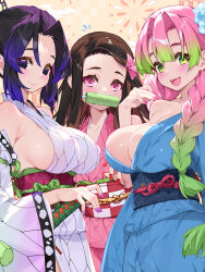 3girls :d adapted_costume bare_shoulders bit_gag black_hair blue_flower blue_hair blue_kimono breasts brown_hair cleavage closed_mouth commentary commentary_request detached_sleeves english_commentary fingernails flower gag gradient_hair green_hair hair_flower hair_ornament highres japanese_clothes kamado_nezuko kanroji_mitsuri kimetsu_no_yaiba kimono kochou_shinobu large_breasts long_hair looking_at_viewer mixed-language_commentary multicolored_hair multiple_girls nail_polish obi open_mouth pink_eyes pink_hair pink_kimono purple_nails red_nails sash sideless_outfit smile teeth upper_teeth_only waterring white_kimono white_sleeves 