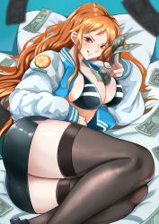  1girl absurdres alternate_costume bed_sheet bikini bikini_top_only black_bikini black_skirt black_thighhighs blue_nails blush breasts cleavage commentary_request commission falling_money feet_out_of_frame food fruit highres holding holding_money jacket large_breasts long_hair long_sleeves looking_at_viewer lying mandarin_orange mandarin_orange_slice miniskirt money nail_polish nami_(one_piece) on_side one_piece open_clothes open_jacket orange_eyes orange_hair pencil_skirt pillow skeb_commission skirt solo swimsuit thighhighs thighs tongue tongue_out wavy_hair yamada_otonari zettai_ryouiki 