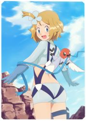  1girl absurdres ass blonde_hair blue_eyes blue_gloves blue_ribbon blush breasts butt_crack cosplay creatures_(company) day embarrassed fletchling game_freak gazing_eye gen_6_pokemon gloves highres looking_back midriff navel nintendo open_mouth pokemon pokemon_(anime) ribbon serena_(pokemon) short_hair shorts sky skyla_(pokemon) skyla_(pokemon)_(cosplay) solo suspenders sweatdrop  rating:Sensitive score:57 user:Gaming_Empire