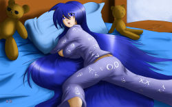 16:10 bed blue_eyes blue_hair breasts highres long_hair on_stomach open_mouth pajamas sh stuffed_animal stuffed_toy sunglasses very_long_hair rating:Questionable score:2 user:Pingu
