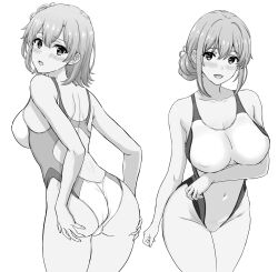  2girls absurdres ass ass_support back_cutout bare_arms bare_shoulders blush breasts cleavage clothing_cutout collarbone competition_swimsuit covered_erect_nipples covered_navel cowboy_shot greyscale groin hair_bun hands_on_own_ass highleg highleg_swimsuit highres huge_breasts inanaki_shiki looking_at_viewer monochrome mother_and_daughter multiple_girls one-piece_swimsuit open_mouth short_hair shoulder_blades single_hair_bun single_side_bun swimsuit two-tone_swimsuit yahari_ore_no_seishun_lovecome_wa_machigatteiru. yuigahama_yui yuigahama_yui&#039;s_mother 