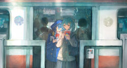  2girls absurdres alternate_costume bag blue_hair blue_jacket blush book bow bowtie cardigan closed_eyes closed_mouth faruzan_(genshin_impact) from_outside genshin_impact green_hair grey_cardigan grey_skirt head_on_another&#039;s_shoulder highres holding holding_another&#039;s_arm holding_book hood hooded_jacket jacket layla_(genshin_impact) long_bangs long_hair looking_at_another multiple_girls open_book people pleated_skirt red_bow red_bowtie rubik&#039;s_cube shirt shoulder_bag sidelocks skirt sleeping sleeping_upright suke_omi train upper_body white_shirt 