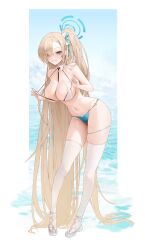 1girl asuna_(blue_archive) blue_archive blue_eyes breasts cleavage dora_(garyeong) full_body light_brown_hair long_hair looking_at_viewer ponytail smile solo standing very_long_hair