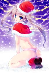  1boy ass blonde_hair blue_eyes blush boots bulge butt_crack capelet crossdressing from_behind hat long_hair male_focus open_mouth original panties riko_(kujira215) santa_costume santa_hat shota sitting solo striped_clothes striped_panties trap twintails underwear  rating:Questionable score:75 user:BlueBaroness