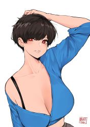 1girl blue_shirt bra_strap breasts brown_eyes brown_hair cleavage collarbone commentary cropped_shirt earrings english_commentary hand_in_own_hair hand_on_own_head highres jewelry large_breasts messy_hair midriff norman_maggot off_shoulder olive_laurentia original parted_lips pink_lips pixie_cut shirt short_hair simple_background unbuttoned unbuttoned_shirt white_background rating:Sensitive score:95 user:danbooru