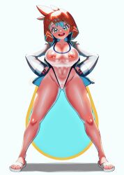  1girl alternate_breast_size aqua_eyes asymmetrical_hair bare_legs blue_jacket blush breasts cameltoe competition_swimsuit covered_erect_nipples covered_navel creatures_(company) curvy eyelashes feet female_focus full_body game_freak gen_1_pokemon gen_2_pokemon green_eyes groin gym_leader highleg highleg_swimsuit highres jacket large_breasts legs long_sleeves looking_at_viewer misty_(pokemon) navel nintendo nipples one-piece_swimsuit open_clothes open_jacket orange_hair pokemon pokemon_hgss ponytail pussy raida_(fmuc5473) sandals short_hair simple_background smile solo sportswear standing swimsuit swimsuit_under_clothes thick_thighs thighs toes track_jacket white_background white_jacket white_one-piece_swimsuit wide_hips 