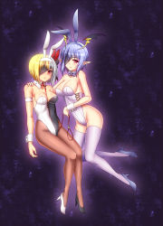  2girls animal_ears asymmetrical_footwear bare_shoulders blonde_hair blue_hair blush bow bowtie breasts cleavage collar demon_girl eyepatch fake_animal_ears hairband head_wings high_heels jeanne_d&#039;arc_(lord_of_vermilion) large_breasts leash leotard lilith_(lord_of_vermilion) lord_of_vermilion mismatched_footwear multicolored_hair multiple_girls pantyhose playboy_bunny pointy_ears rabbit_ears red_eyes shoes short_hair slave sleeveless surume_(clavis) thighhighs two-tone_hair white_hair white_legwear wings wrist_collar wrist_cuffs 